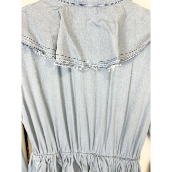 TOV NWT‎ Blue Distressed Victorian Tie Neck Ruffle Tiered Denim Dress Size XL - Picture 9 of 13